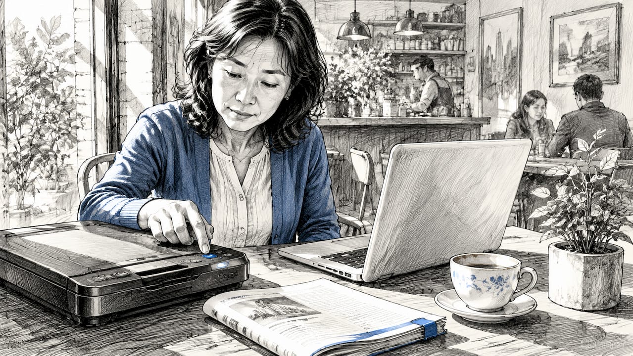 Woman preparing scanned document for OCR at home office desk