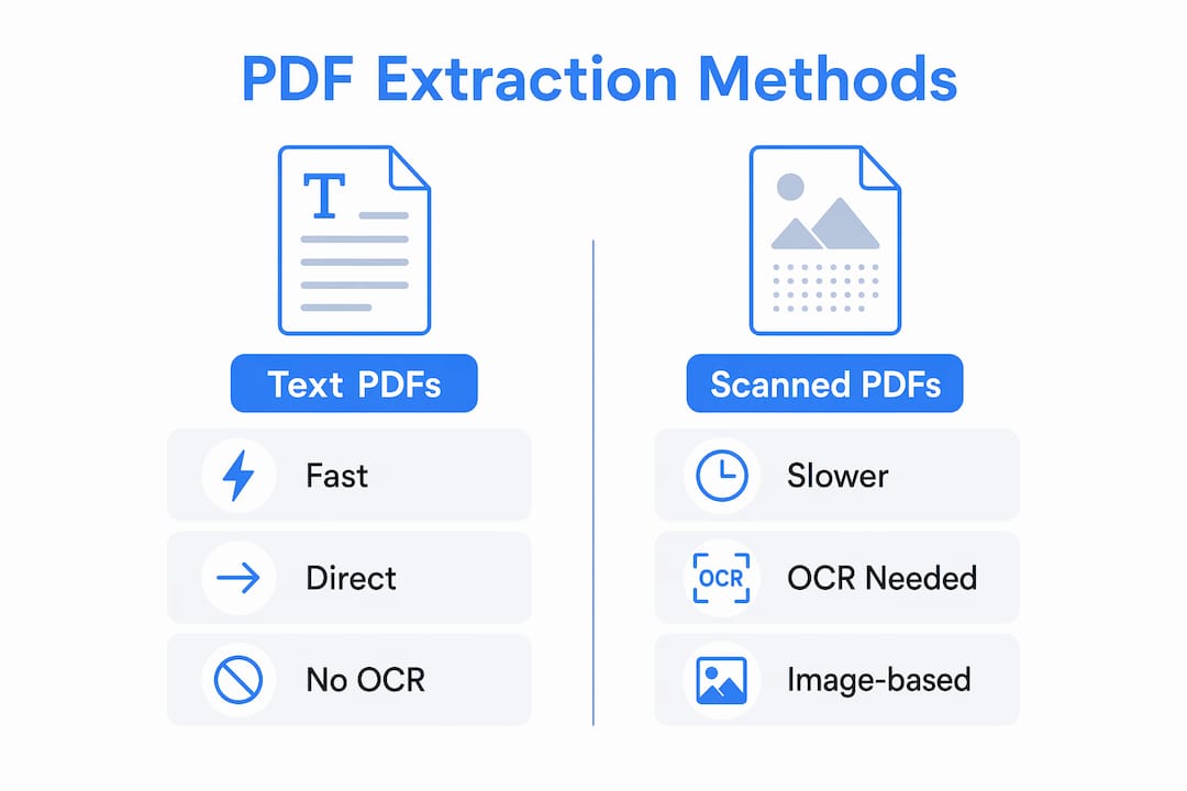 Infographic comparing text PDFs and scanned PDFs extraction methods