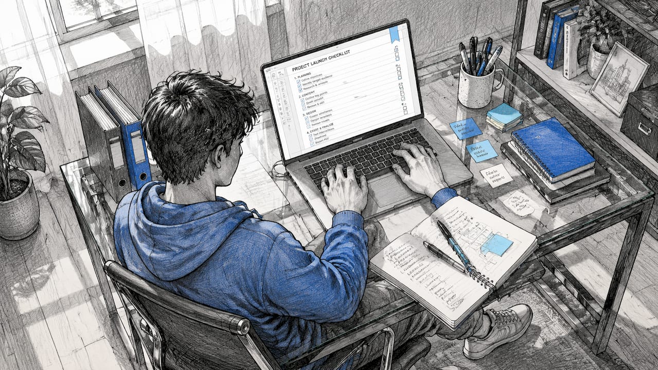 Student creating PDF checklist on laptop