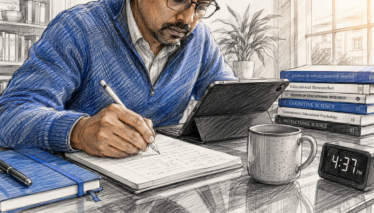 Researcher using tablet and notes in office