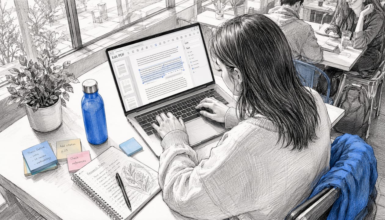 Student editing PDF assignment on laptop