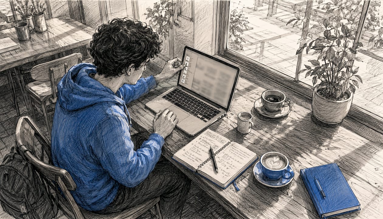 Student merging PDFs on MacBook at desk