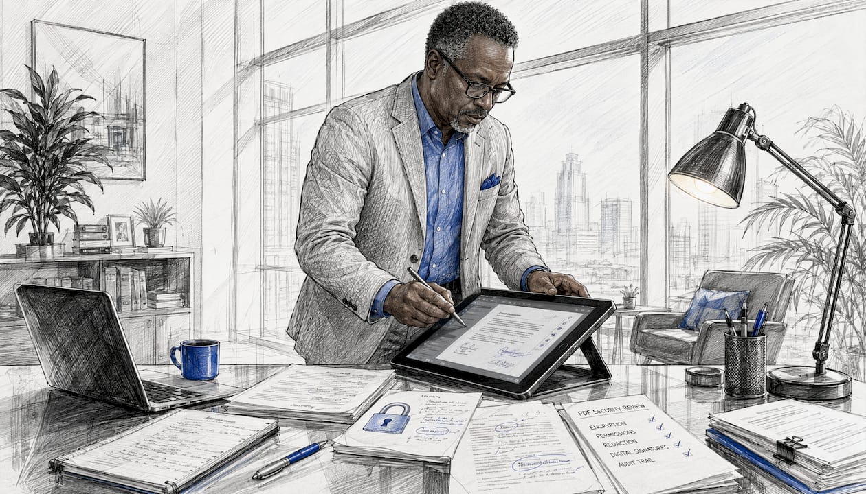 Hands using graphics tablet to edit PDF securely
