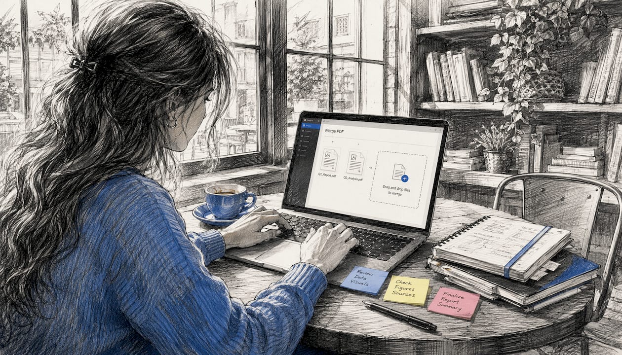 Person merging PDFs on laptop at desk