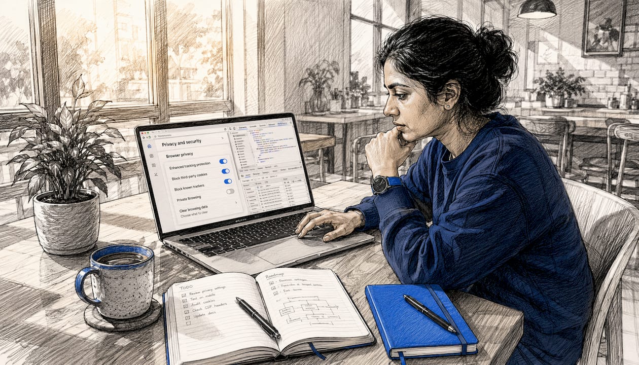 Woman using browser privacy developer tools at desk