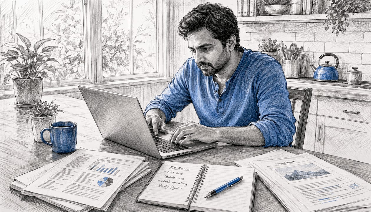 Man editing PDFs privately on laptop in home office