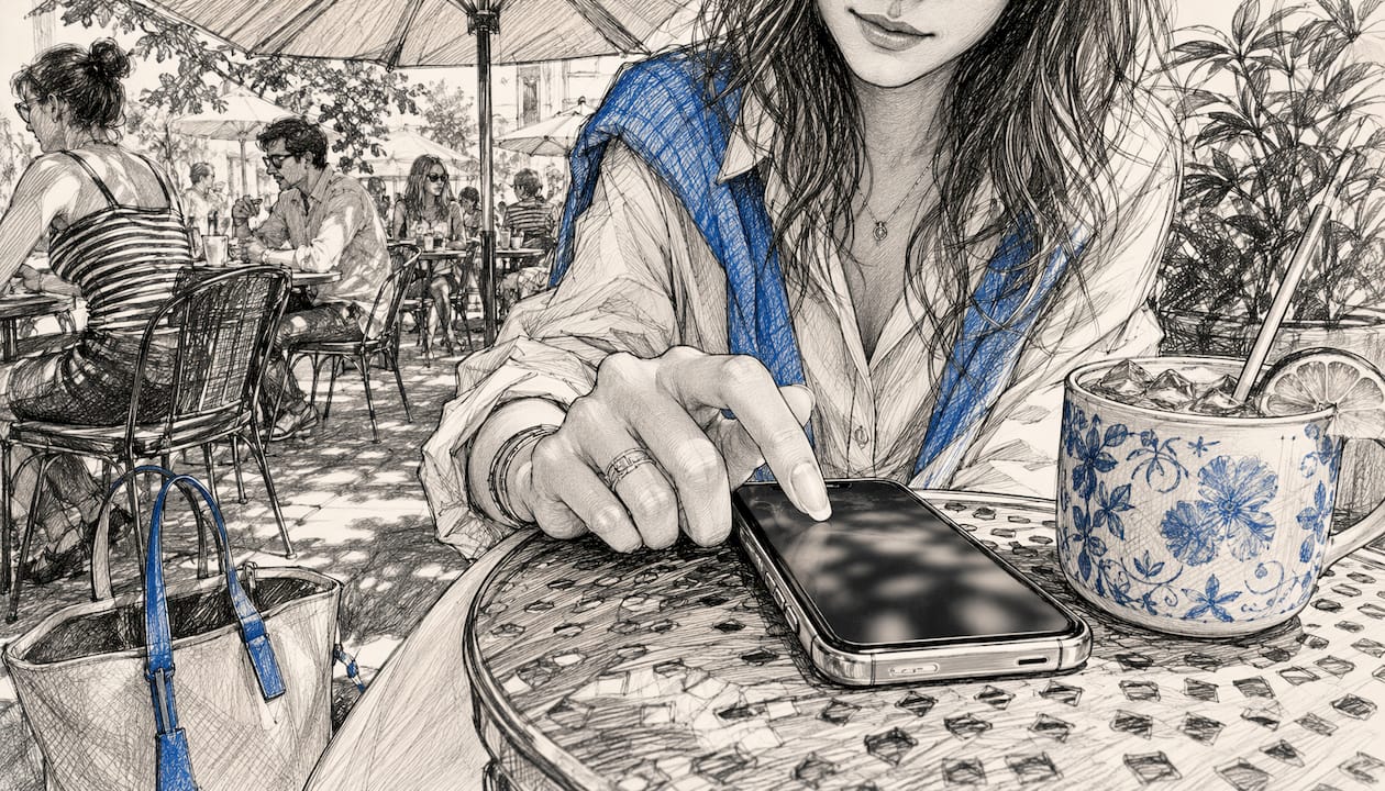 Woman using smartphone for AI editing