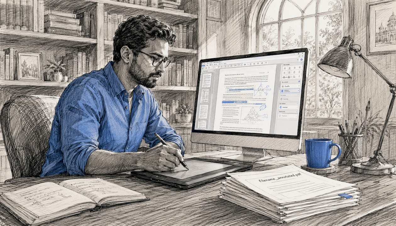 Person annotating PDF offline on desktop
