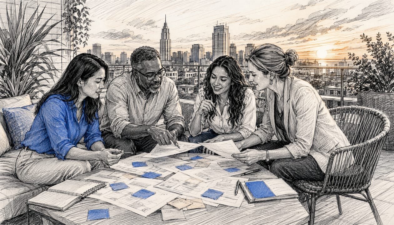 Diverse team collaborating on annotated documents