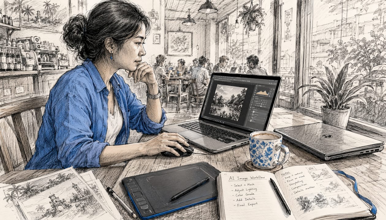 Woman working on offline AI image editing