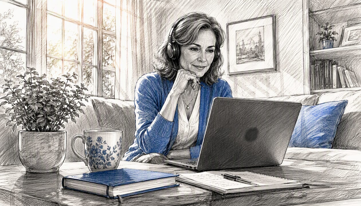 Woman on private video call at home office