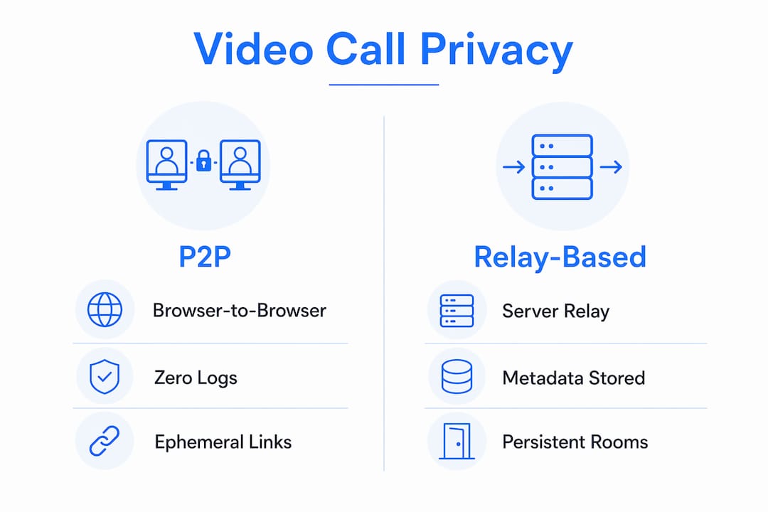 Infographic comparing P2P and relay-based video privacy