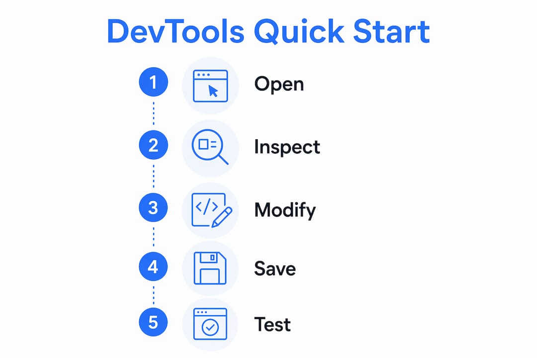 Infographic showing Chrome DevTools quick start steps