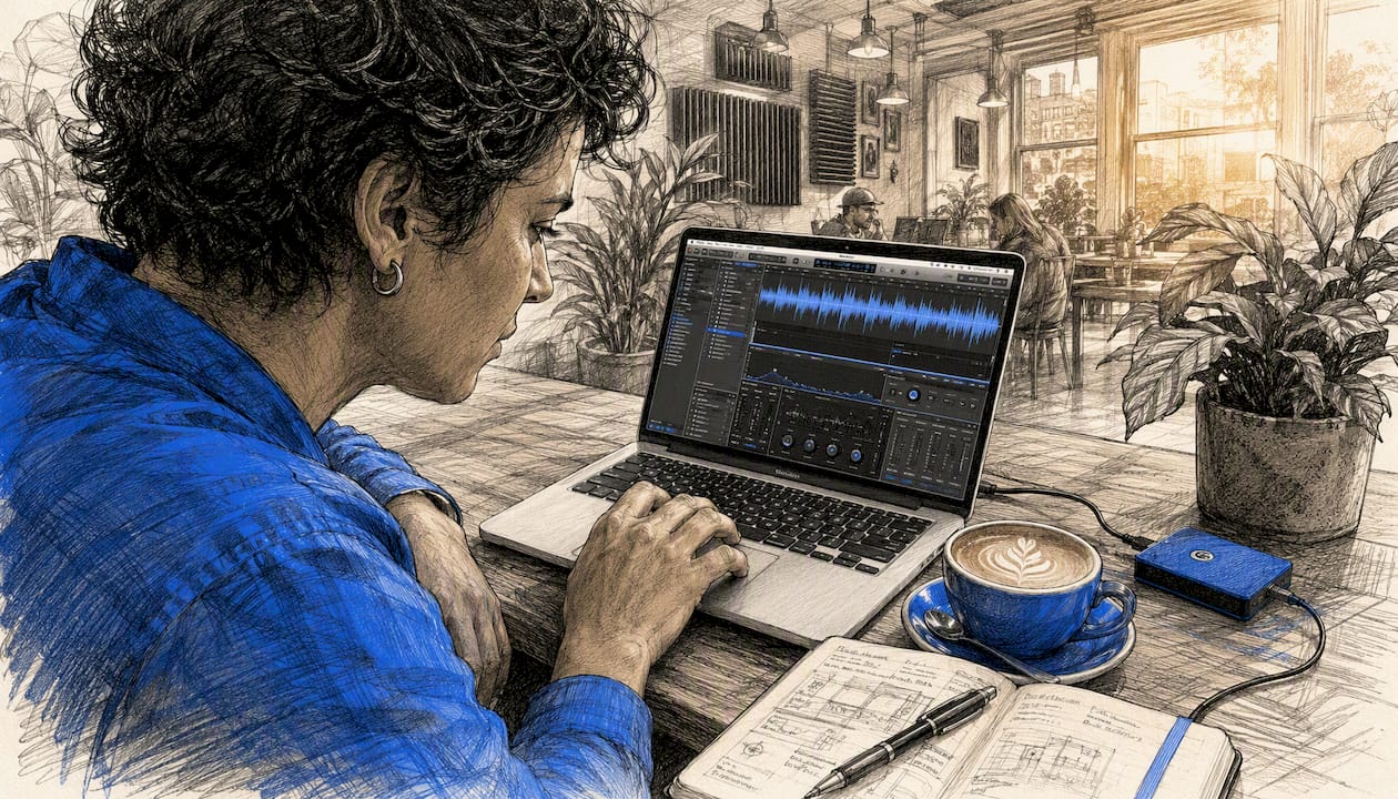 Person working on local audio processing laptop