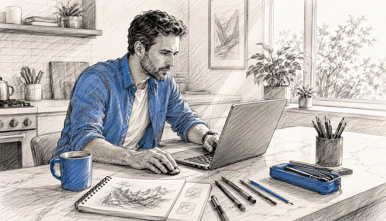 Man working on local browser image editing