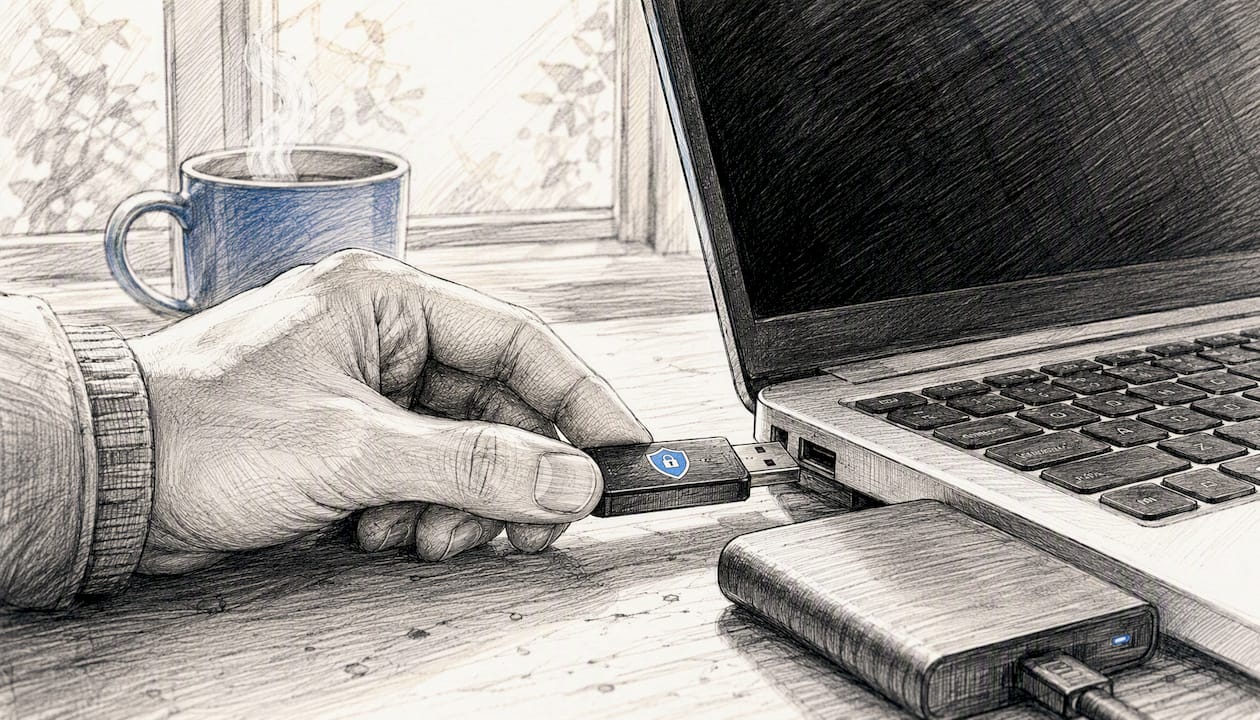 Hands connecting encryption hardware to laptop