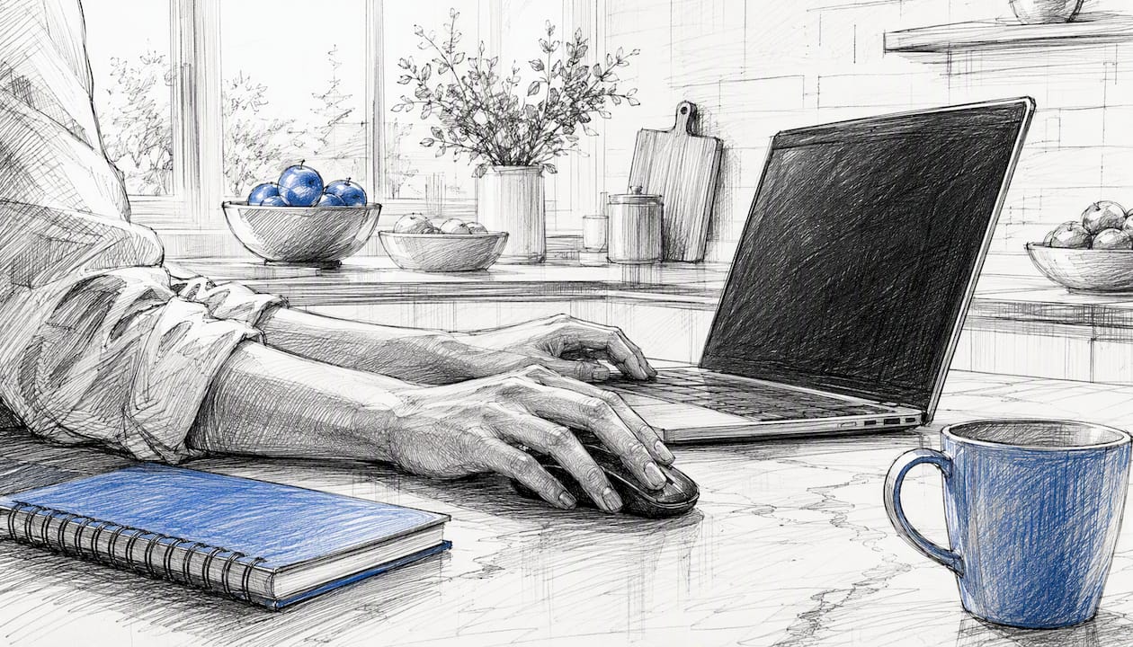 Hands using mouse to save file on laptop