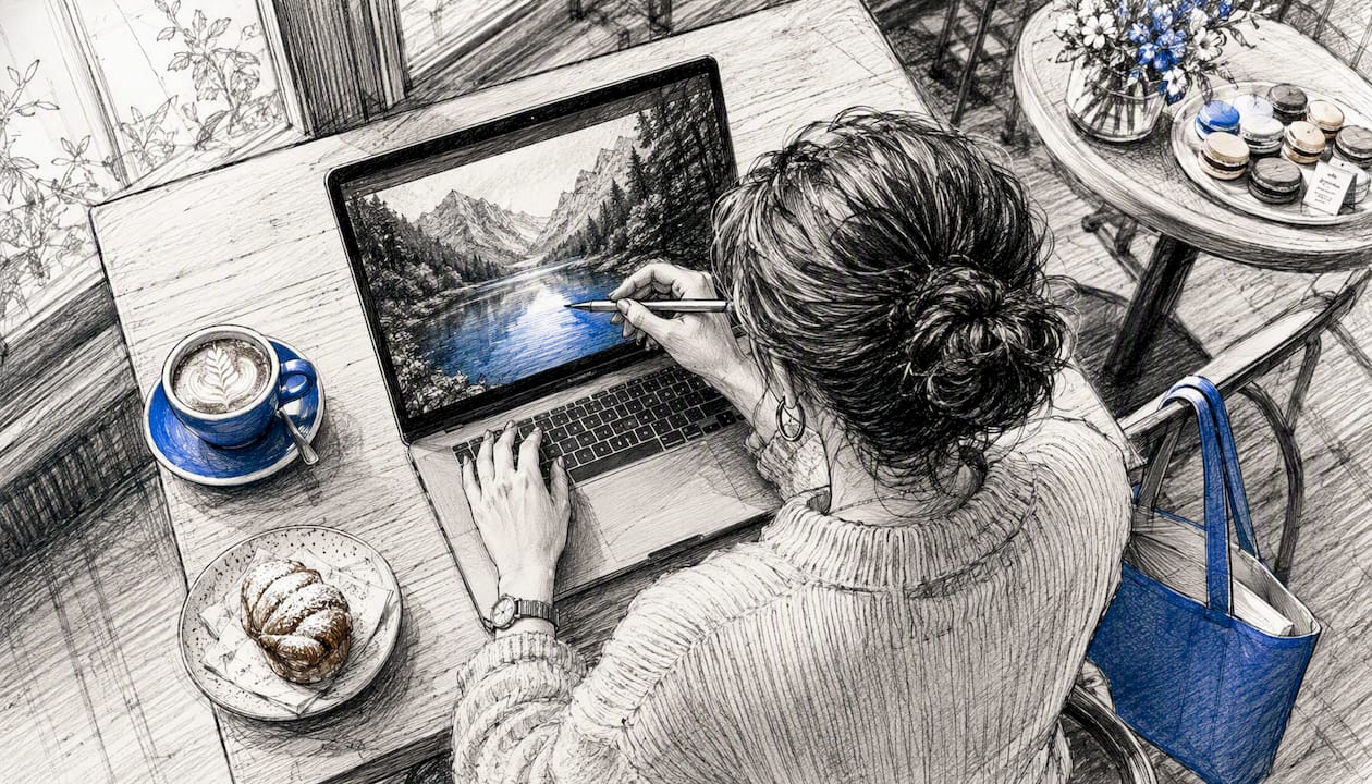Hands picking color from image on laptop
