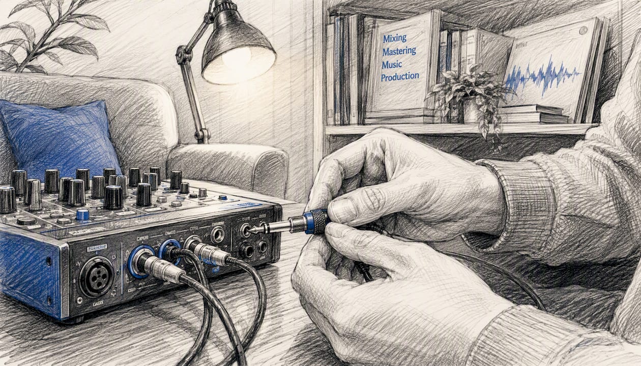 Hands unplugging audio cable from interface