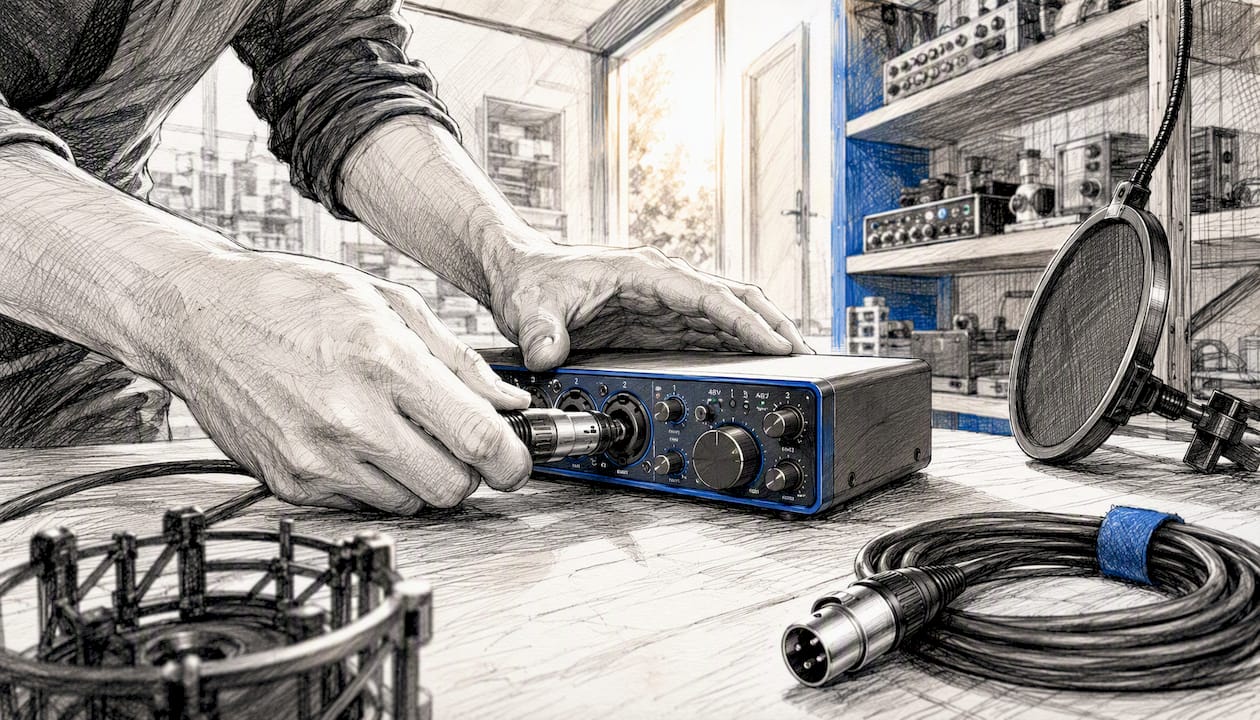 Hands connecting microphone cable to audio interface