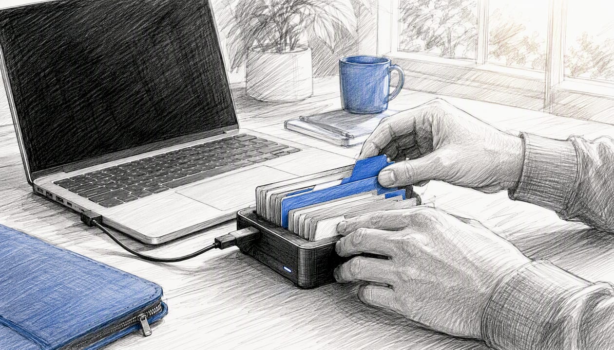 Hands managing offline files on laptop