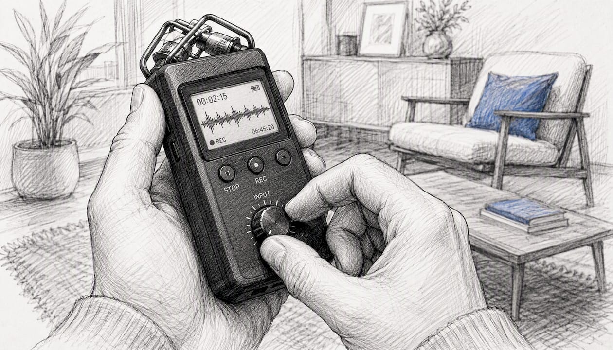 Hands adjusting portable audio recorder