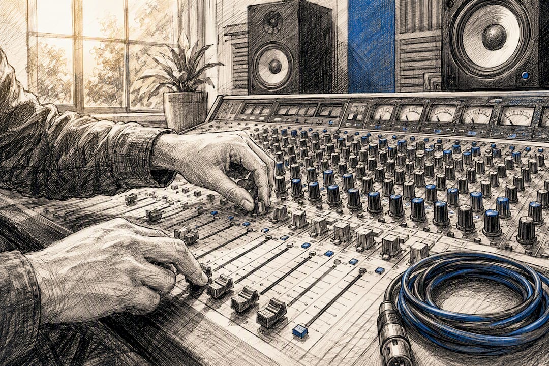 Hands adjusting audio mixer sliders