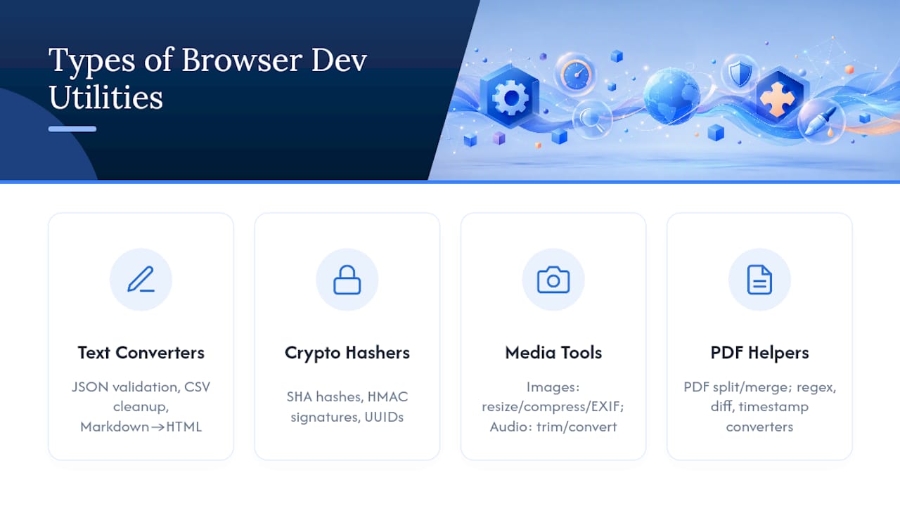 Diagram showing main categories of browser-based dev utilities