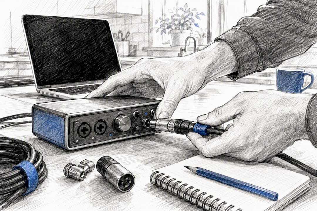 Hands connecting microphone cable in home studio