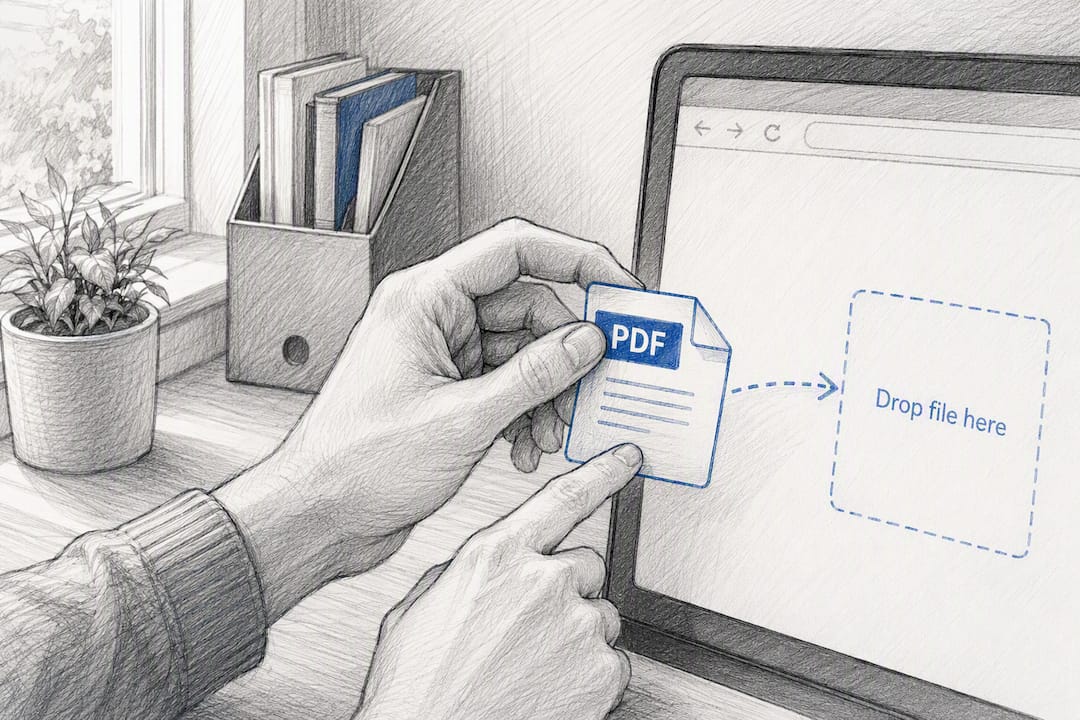 Hands dragging PDF file to browser window