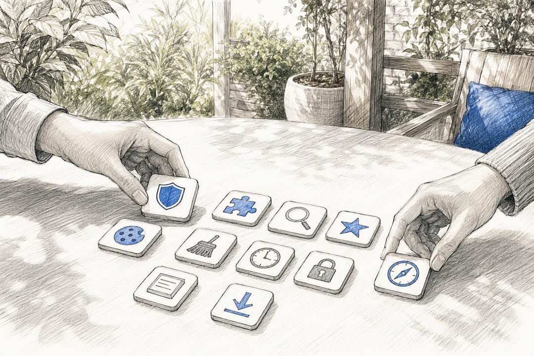 Hands organizing icons representing browser tools for installation