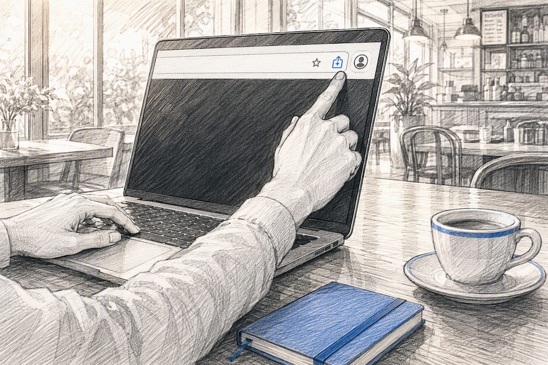 Hands clicking PWA install icon in browser