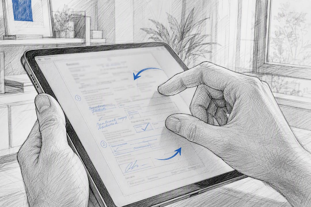 Hands rotating annotated PDF page on touchscreen