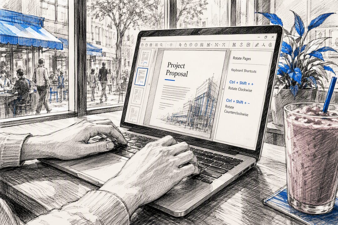 Hands using keyboard shortcuts to rotate PDF pages