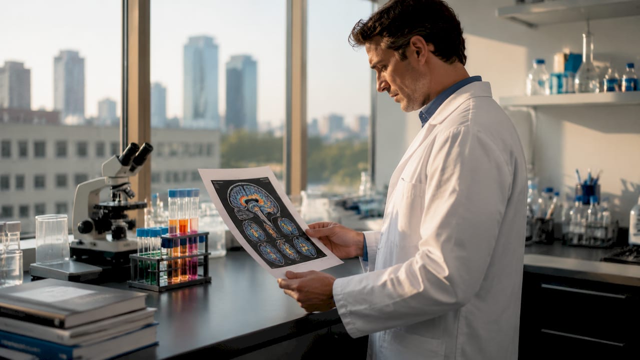 Neuroscientist examining brain metabolic diagram