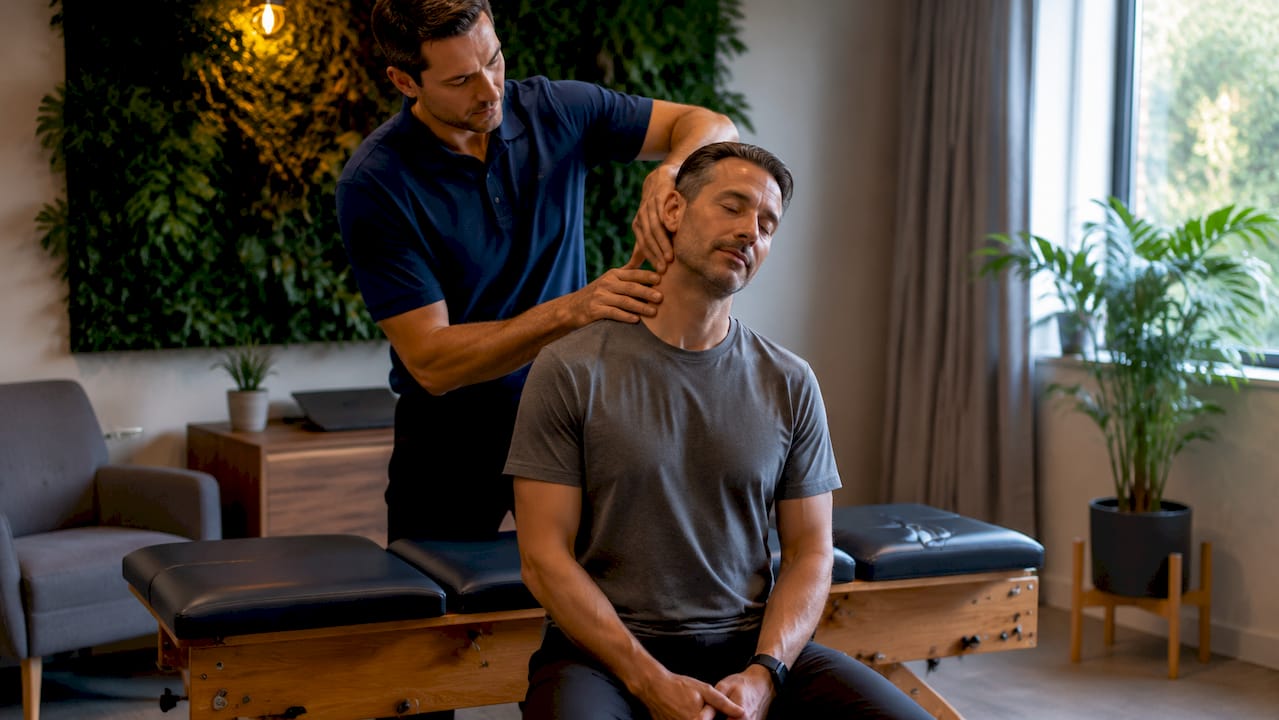 Chiropractor hands adjusting patient's neck closely