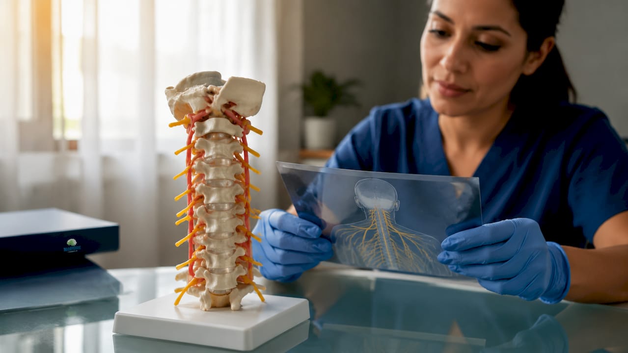 Close-up of cervical spine anatomical model and hands
