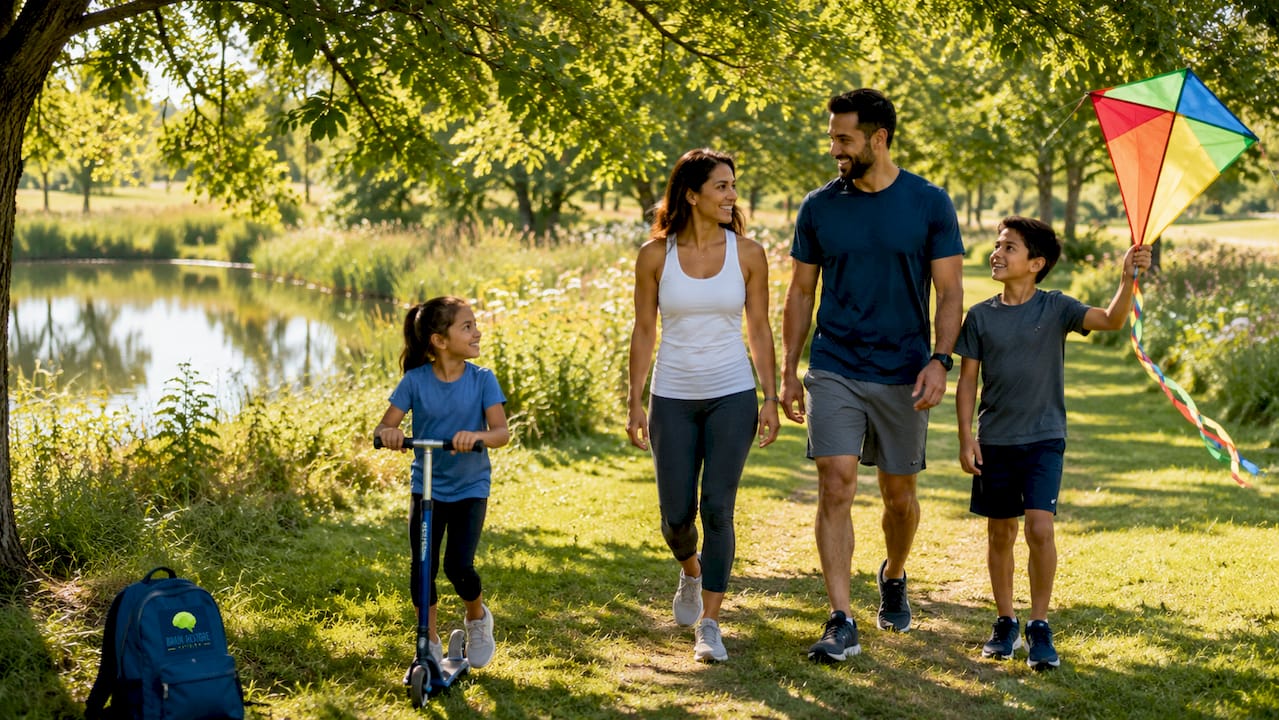 Family walking outdoors practicing healthy habits