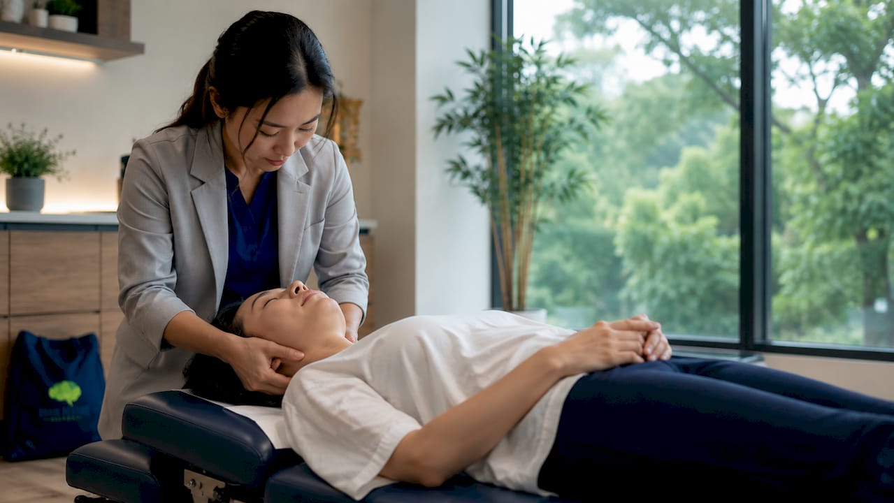 Chiropractor hands adjusting cervical spine on patient