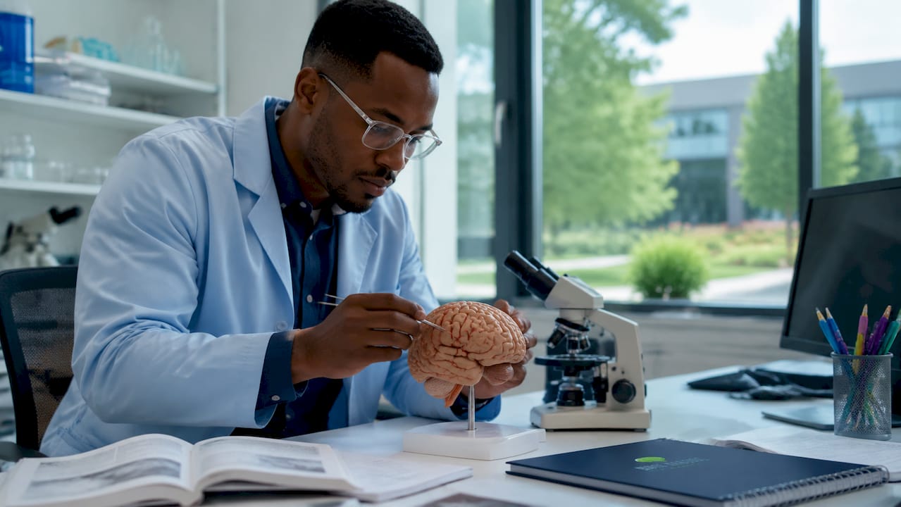 Medical researcher studying brain model in lab
