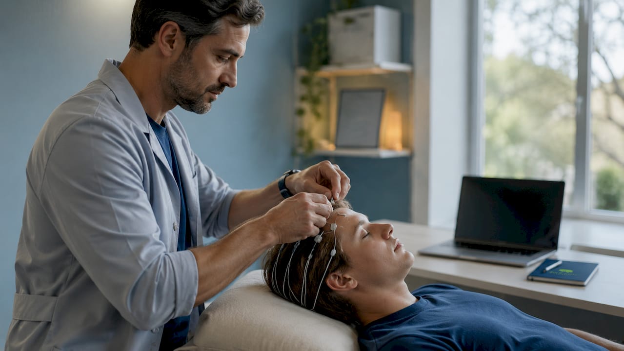 Practitioner adjusting EEG sensors in neurofeedback session