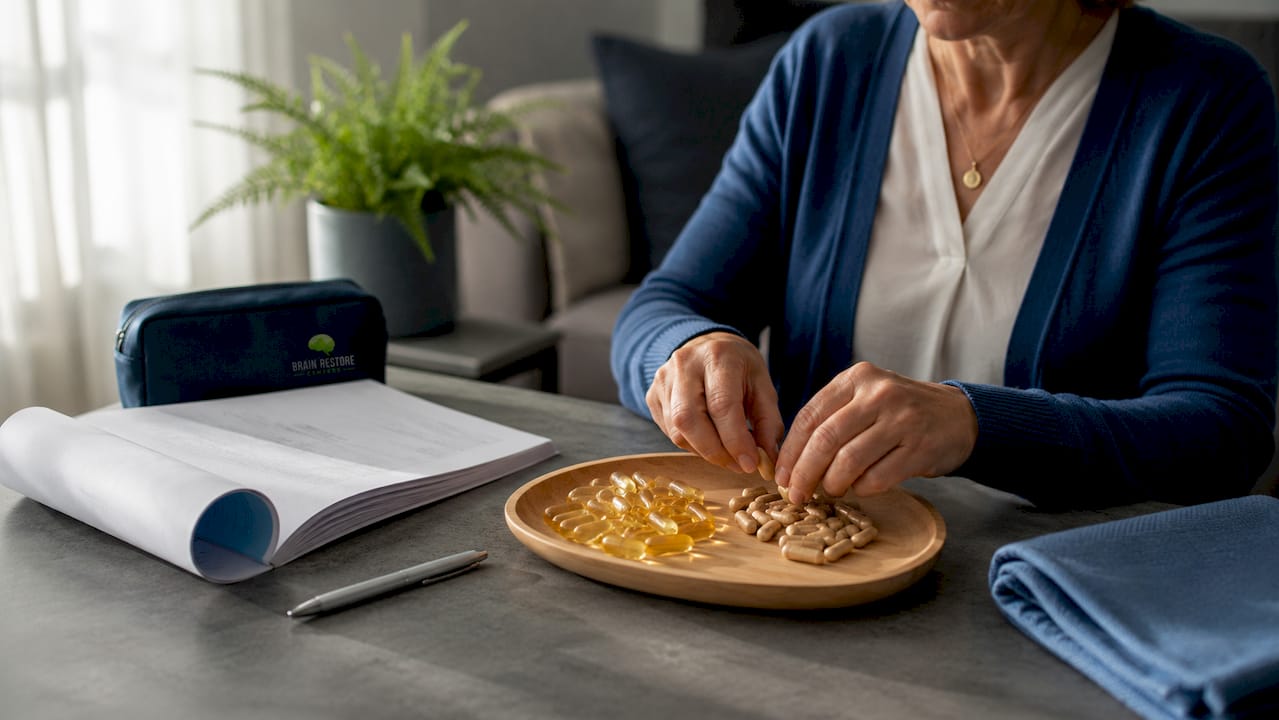 Hands holding multivitamins and omega-3 softgels overhead view