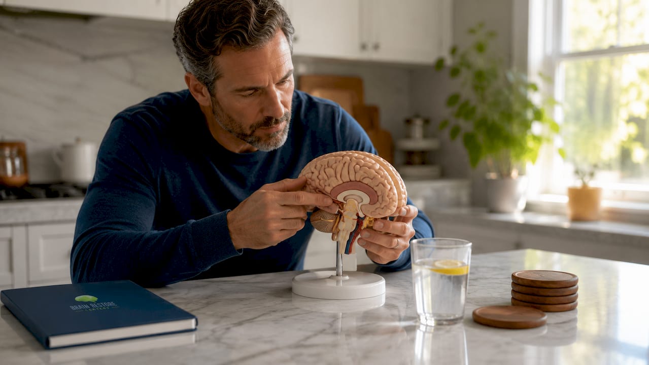 Hands tracing neural pathways on brain model