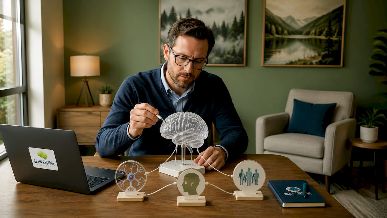 Hands holding biopsychosocial brain model