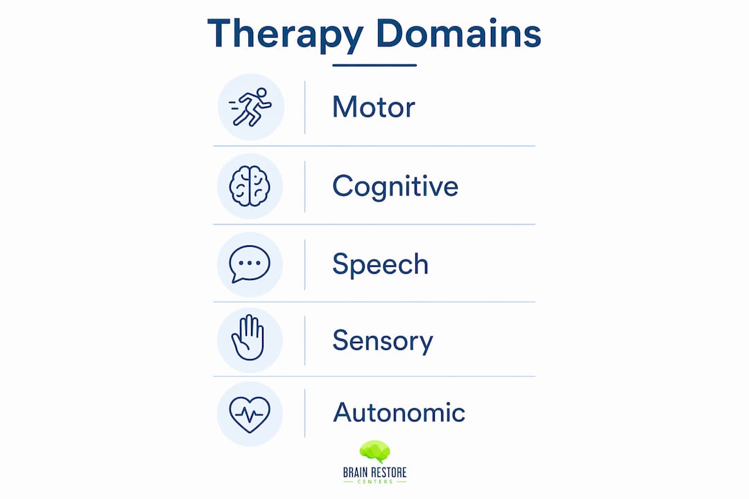 Infographic illustrating neurological rehabilitation therapy domains
