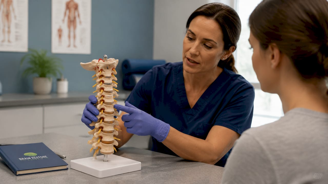 Close-up cervical spine anatomical model in clinical room