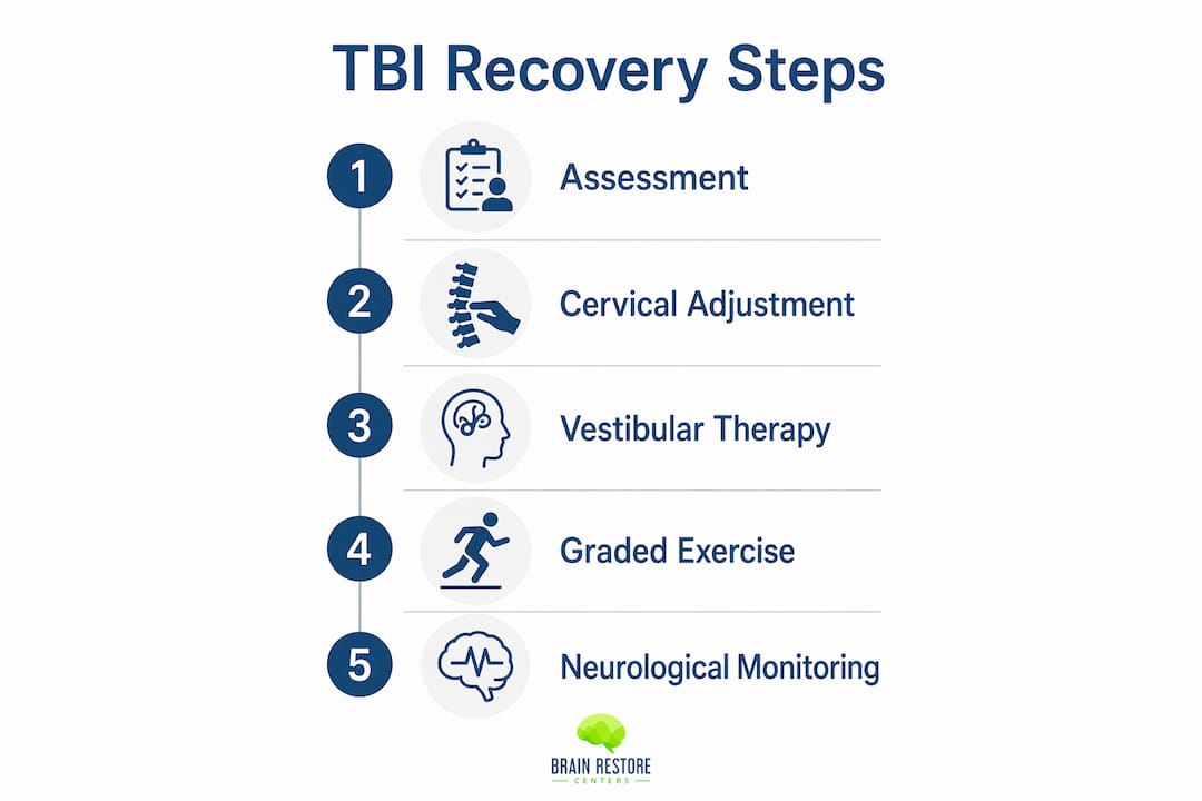 Infographic illustrating chiropractic TBI recovery steps