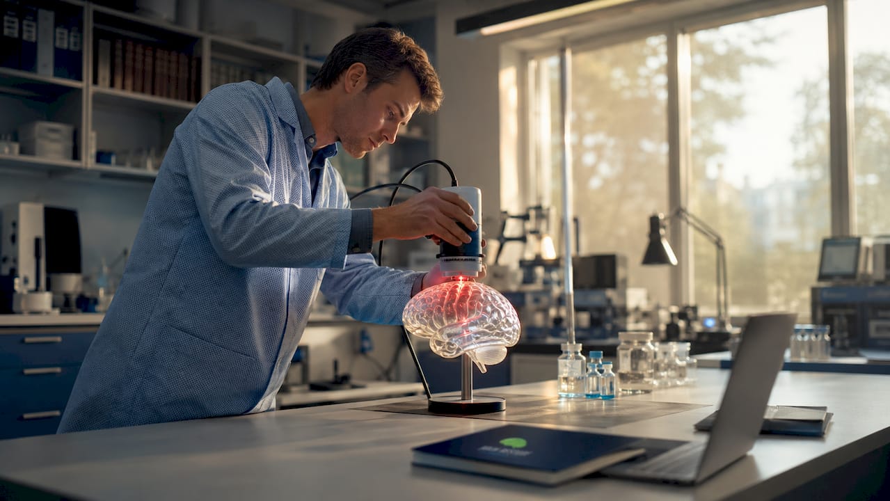 Researcher applying laser device to brain model