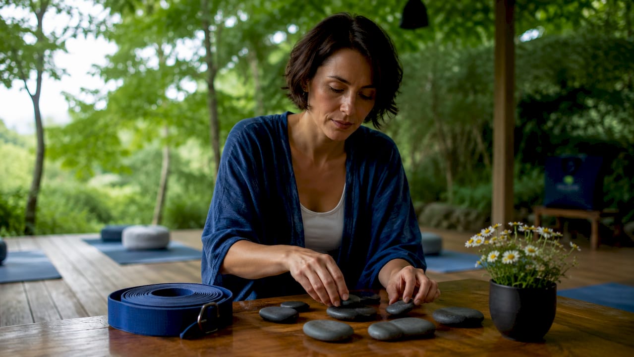 Therapist's hands holding meditation stones overhead