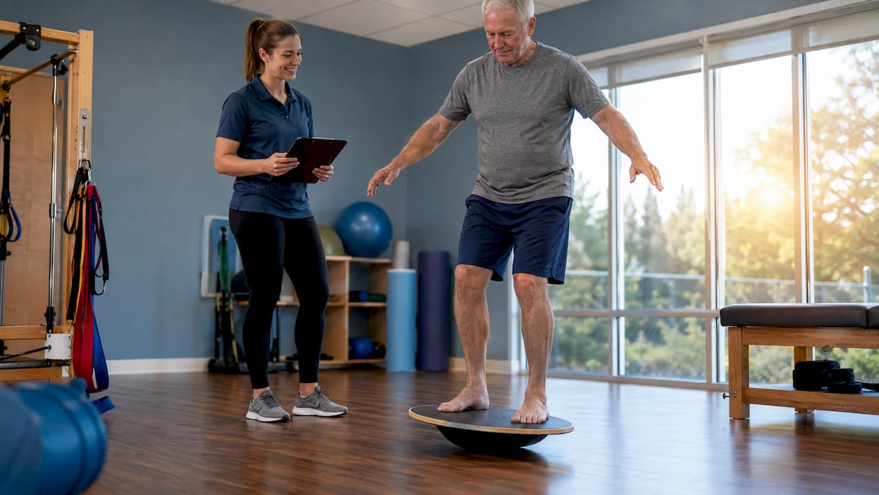 Therapist guiding balance exercise in rehab gym